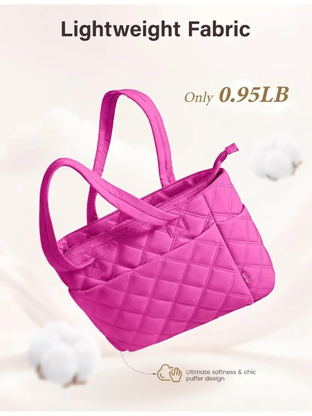 👜Women's Raspberry Pink Puffer Tote Bags Lightweight Quilted Work For Travel